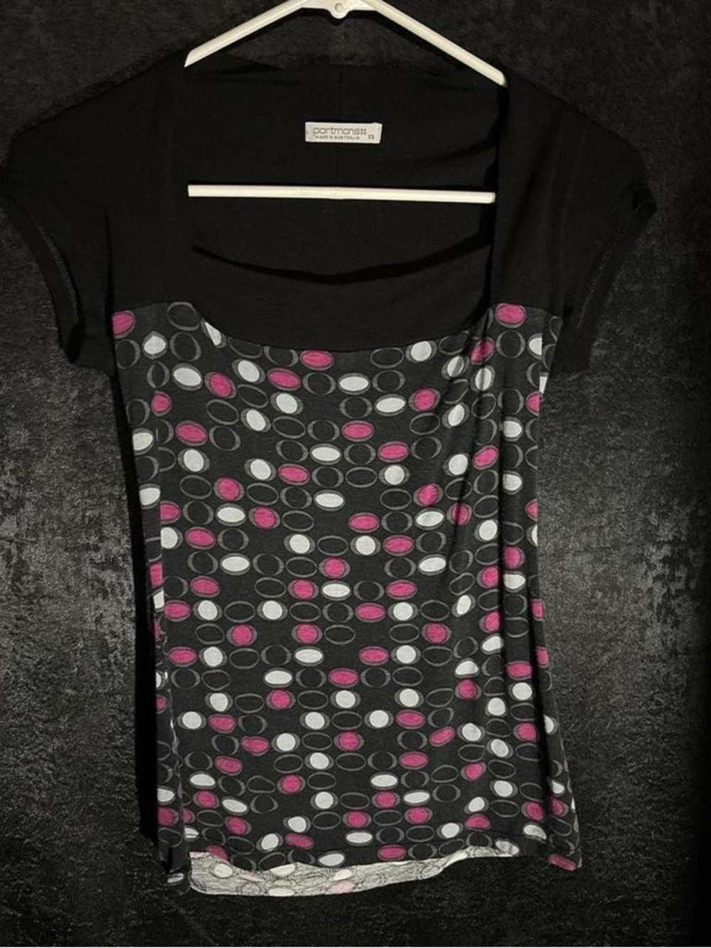 Portmans Black Scoop Neck Tee with Pink & Gray Dot Print